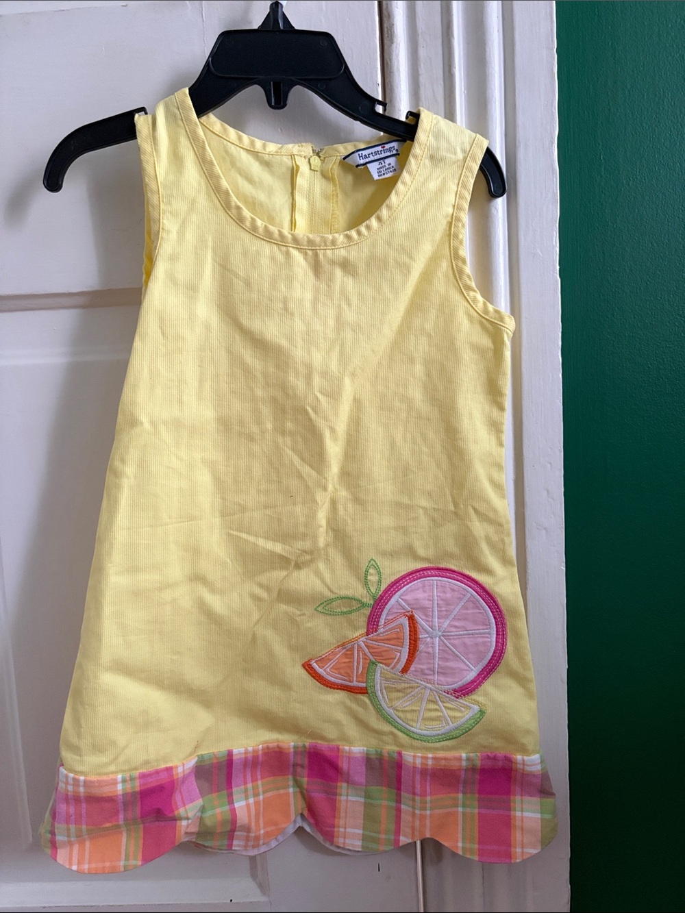 Hartstrings Yellow Citrus Applique Tank Dress with Plaid Trim